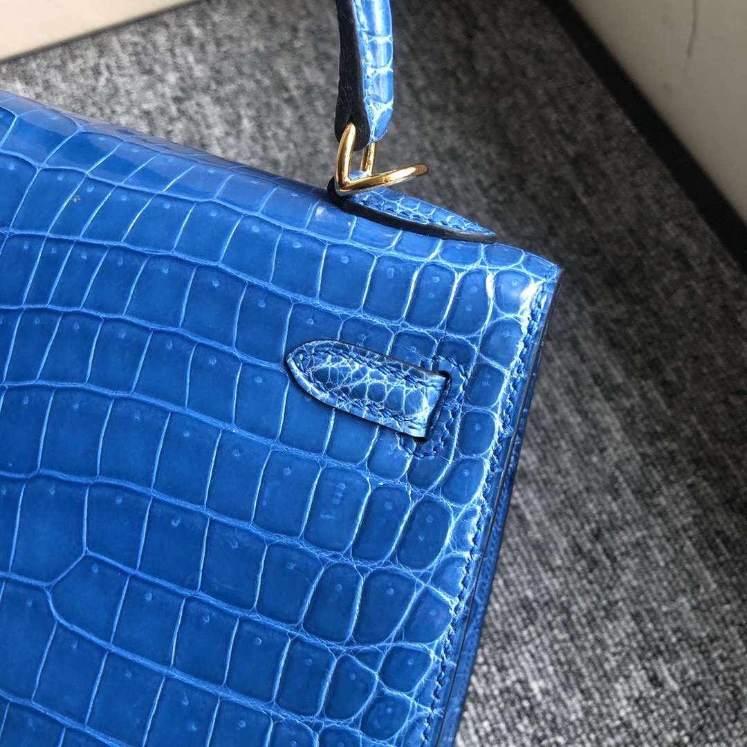 Macao Hermes Kelly 25cm 7Q Blue Mykonos 亮面倒V 澳洲灣鱷 Shiny Porosus Crocodile