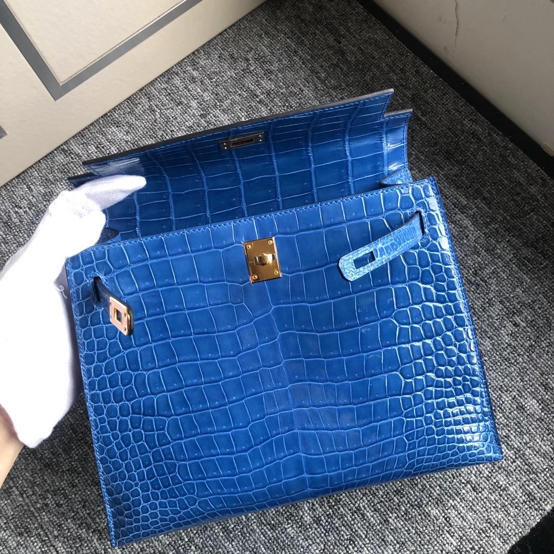 Macao Hermes Kelly 25cm 7Q Blue Mykonos 亮面倒V 澳洲灣鱷 Shiny Porosus Crocodile