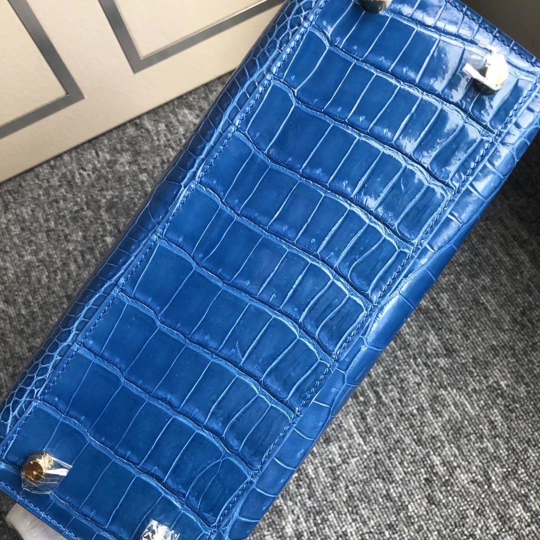 Macao Hermes Kelly 25cm 7Q Blue Mykonos 亮面倒V 澳洲灣鱷 Shiny Porosus Crocodile