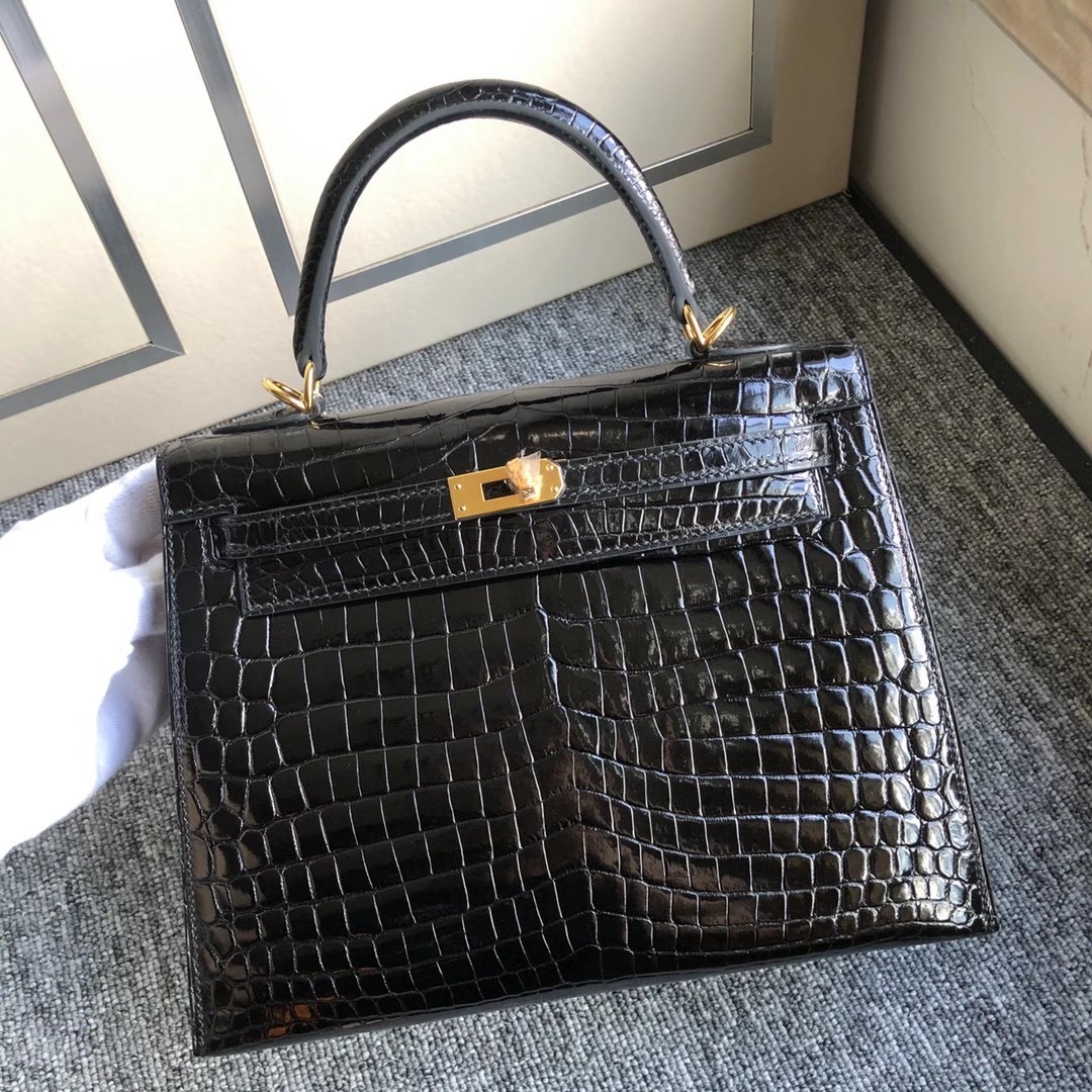 Macao Hermes Kelly 25cm 亮面 兩點 尼羅鱷魚 Shiny Nilo Crocodile 黑色