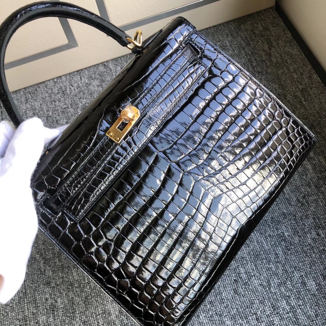 Macao Hermes Kelly 25cm 亮面 兩點 尼羅鱷魚 Shiny Nilo Crocodile 黑色