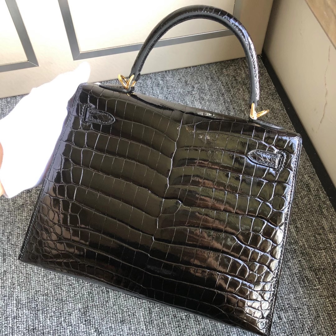 Macao Hermes Kelly 25cm 亮面 兩點 尼羅鱷魚 Shiny Nilo Crocodile 黑色