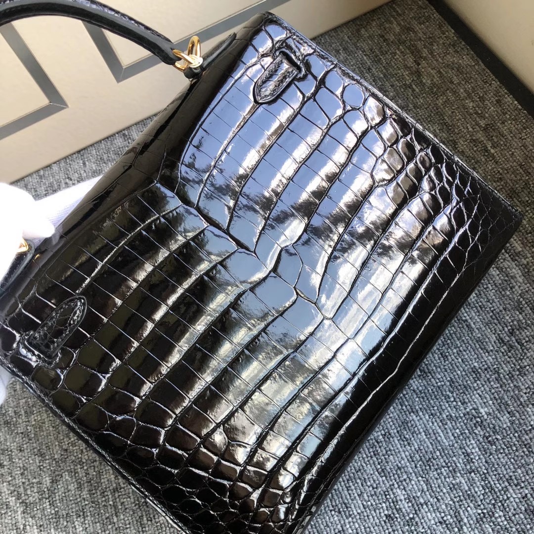 Macao Hermes Kelly 25cm 亮面 兩點 尼羅鱷魚 Shiny Nilo Crocodile 黑色