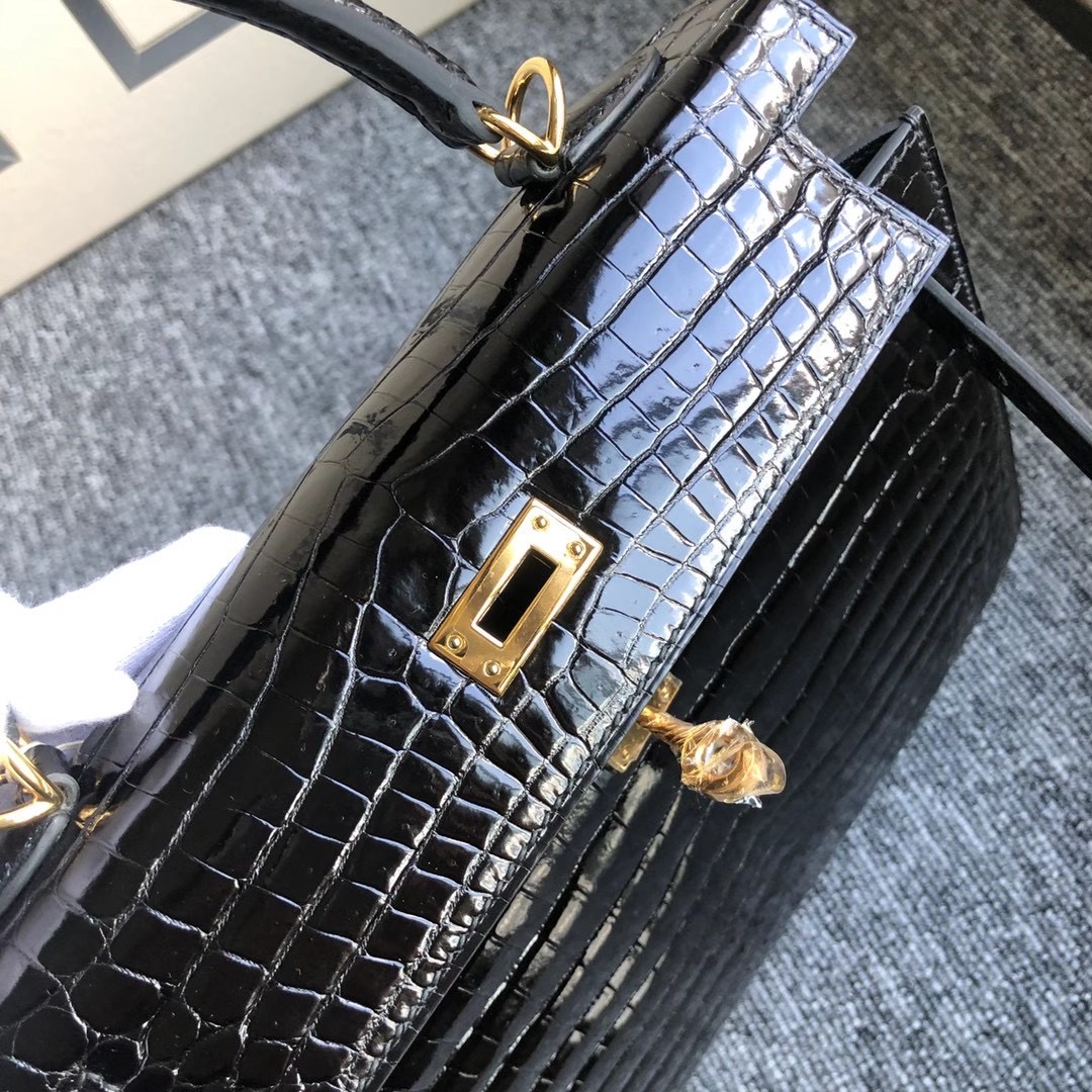 Macao Hermes Kelly 25cm 亮面 兩點 尼羅鱷魚 Shiny Nilo Crocodile 黑色