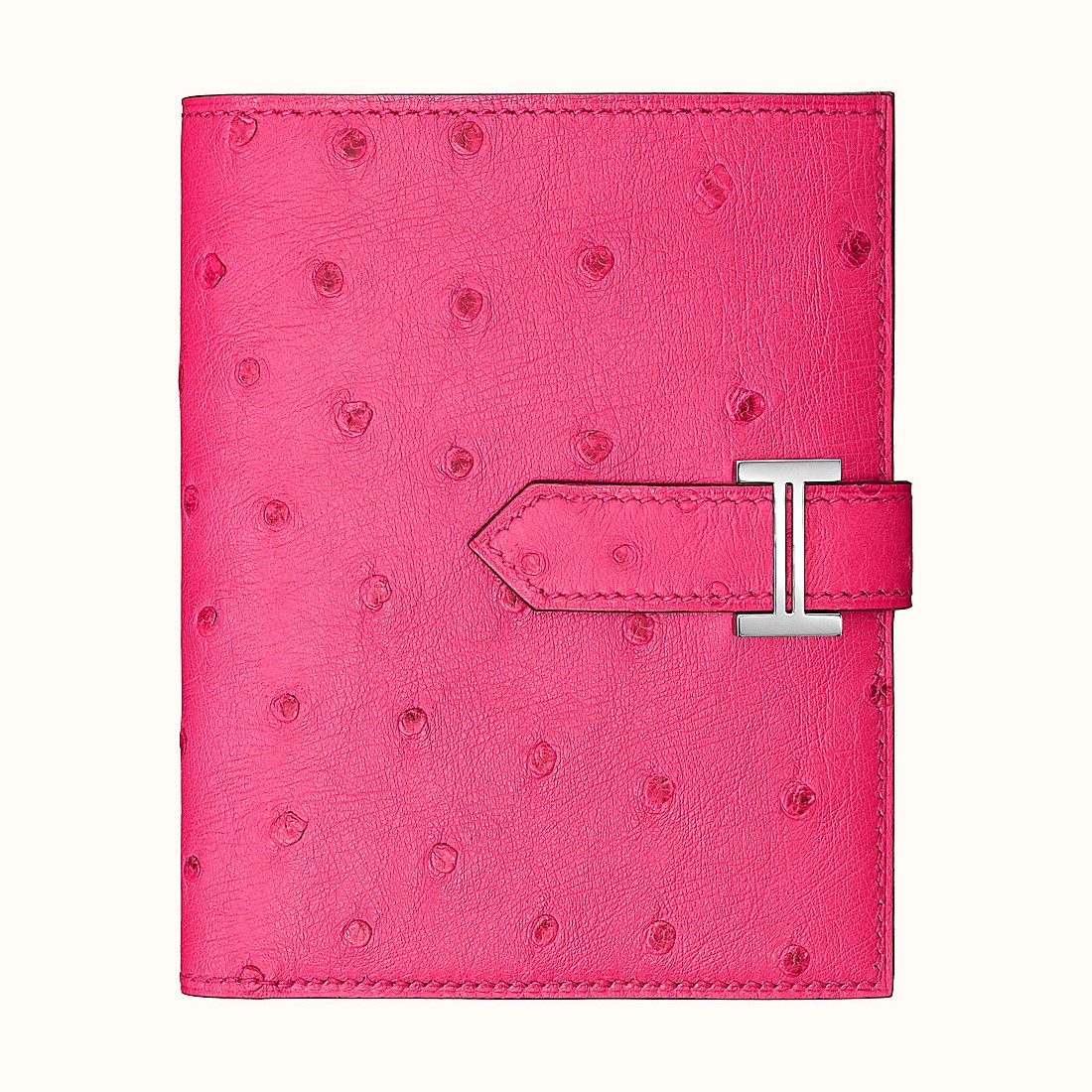 Qatar Hermes Bearn compact wallet E5 Rose Tyrien ostrich leather