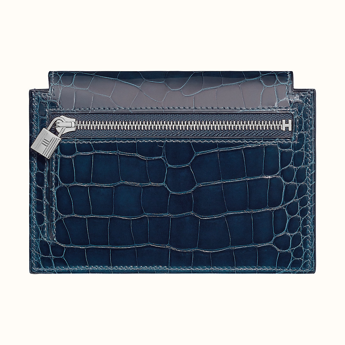 Hermes Kelly pocket compact wallet 8X Bleu Baltique Mississippiensis alligator