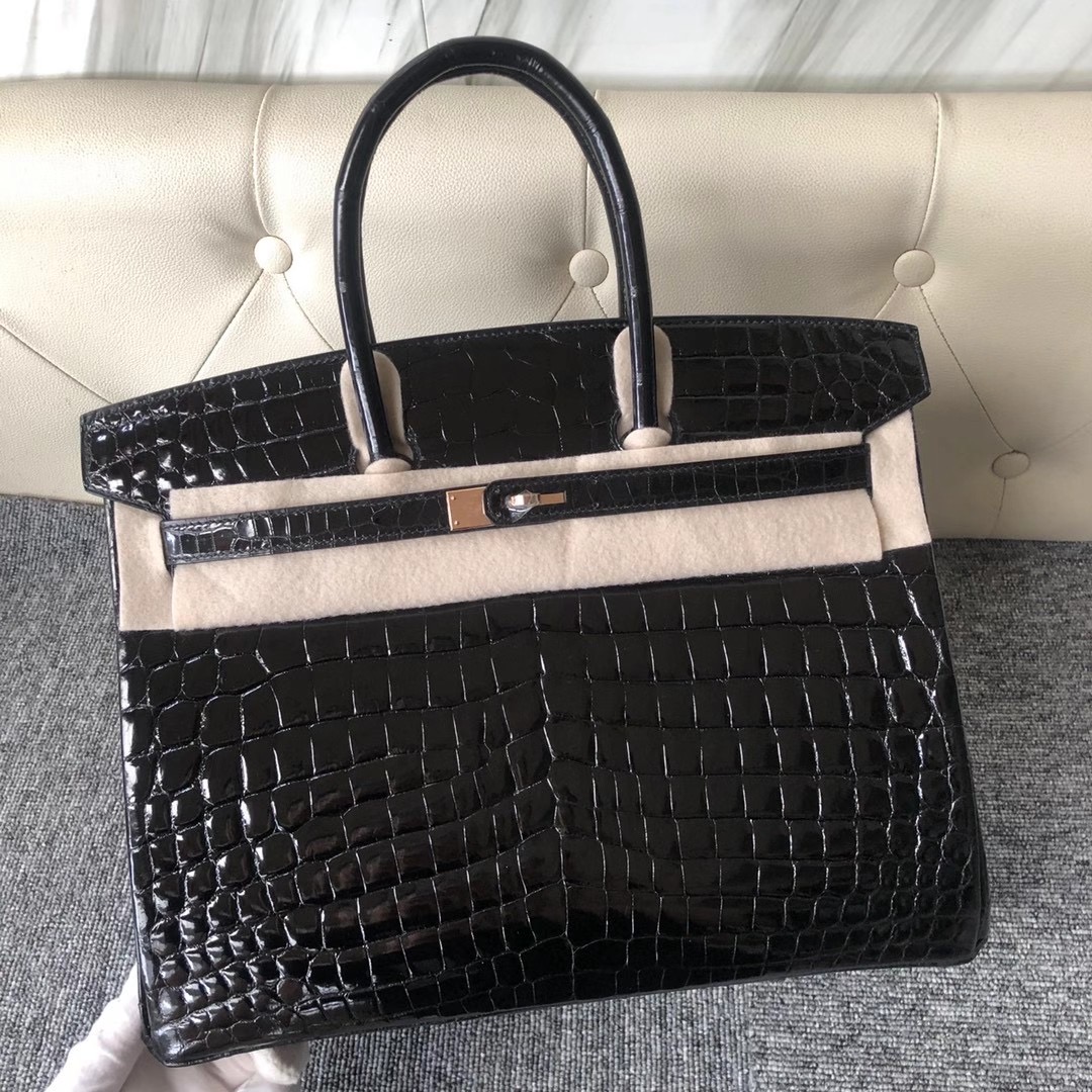 香港油尖旺區柯士甸 Hermes Birkin 35cm Shiny nilo crocodile CD89 Noir 玫瑰金