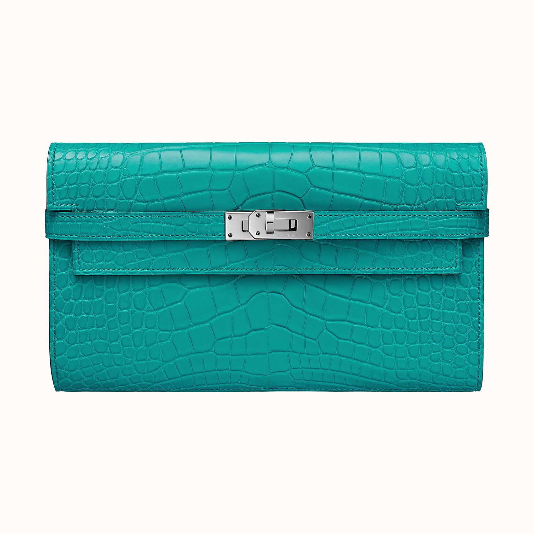 Hermes Portefeuille Kelly Classique 7F Bleu Paon alligator Mississippiensis mat