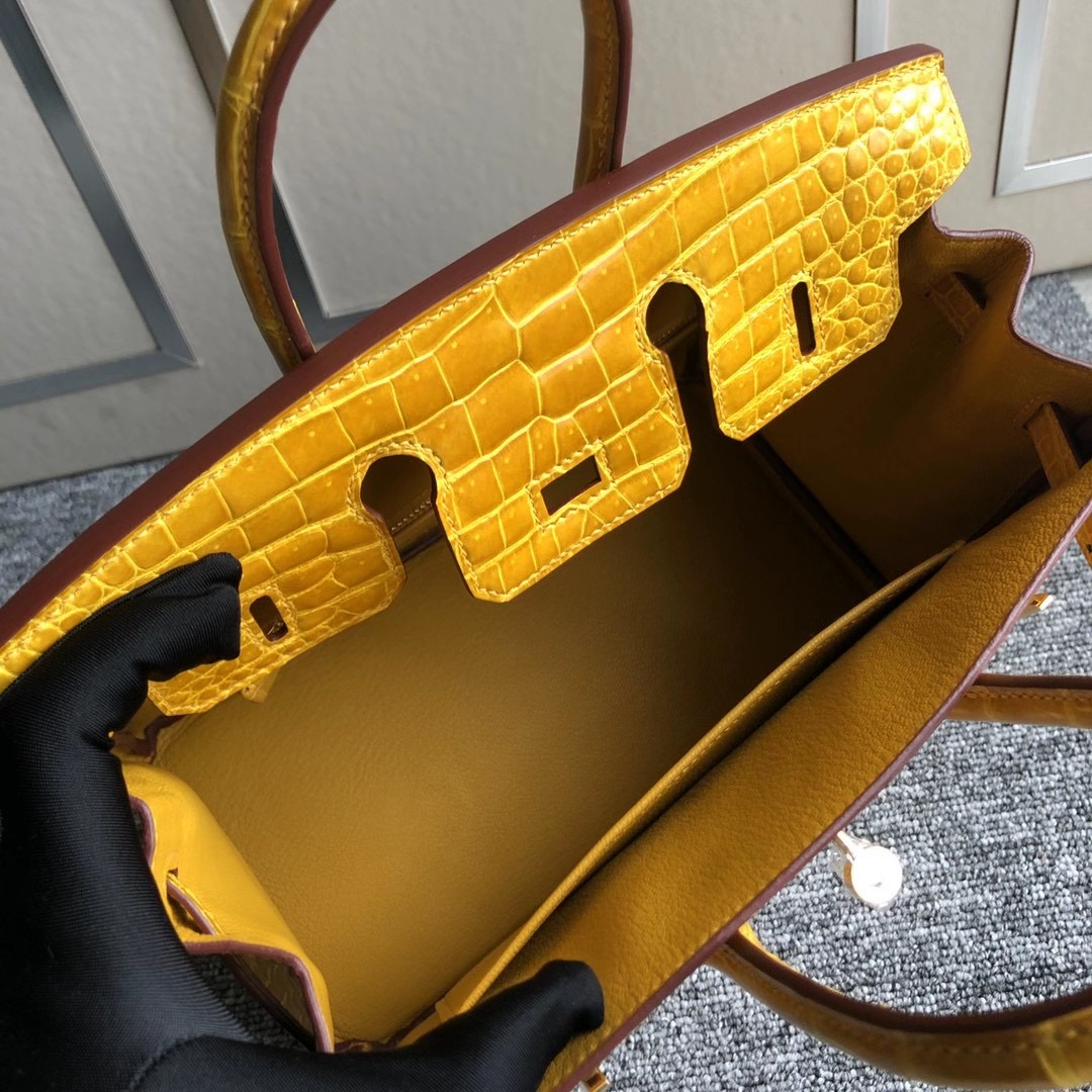 Taiwan Hermes Birkin 25cm 9D Jaune Amber 琥珀黃 供珠亮面倒V 澳洲灣鱷