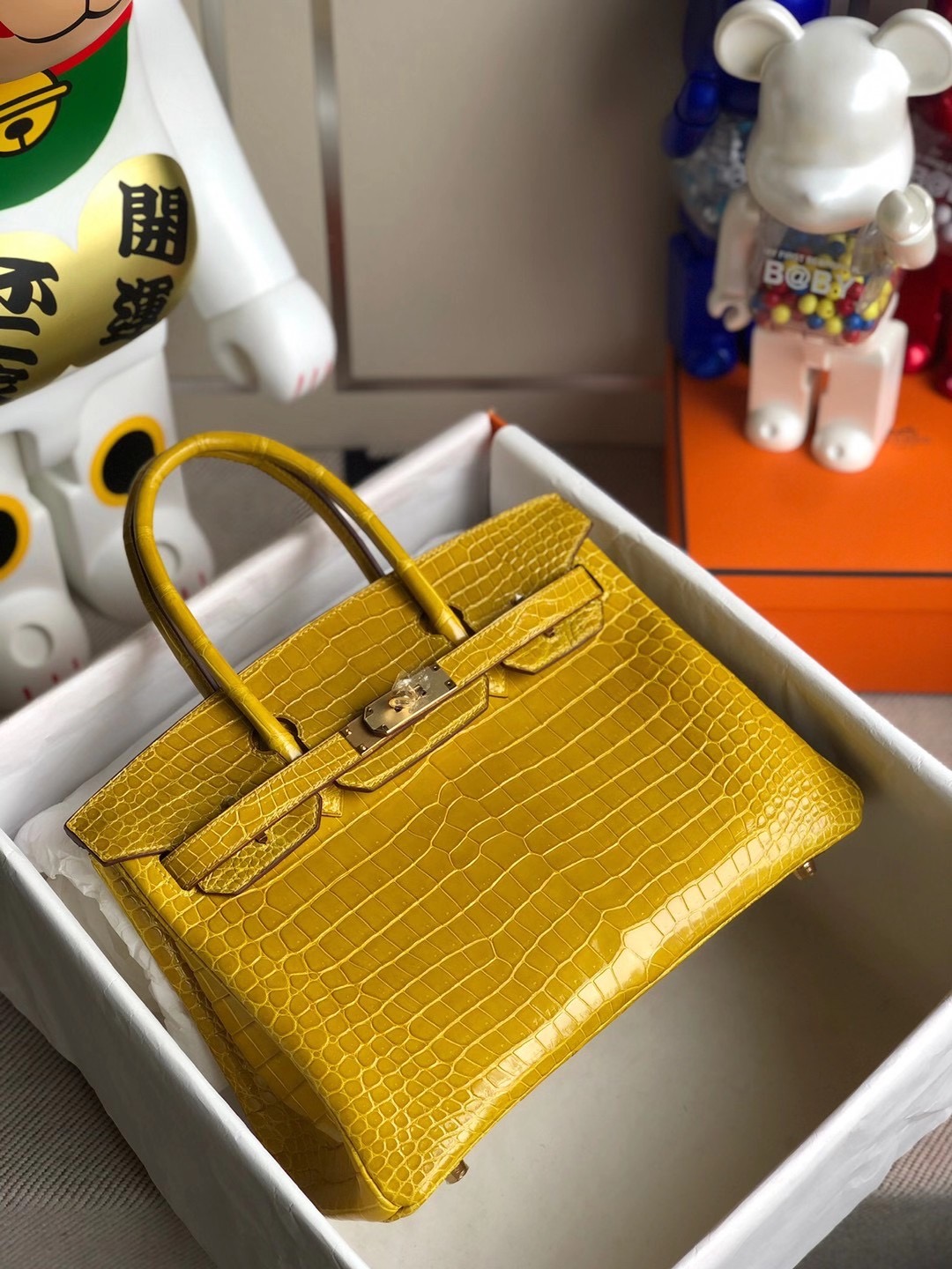 Hong Kong North Hermes Birkin 30cm 9D Jaune Amber 琥珀黃 亮面倒V 澳洲灣鱷