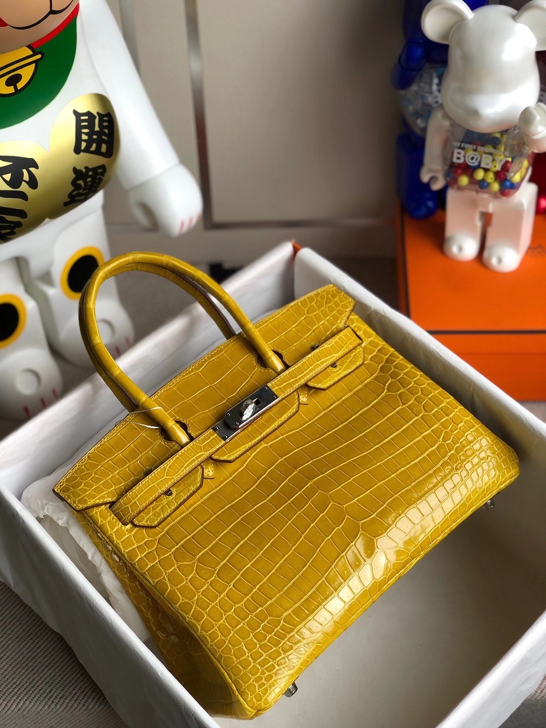 Hong Kong North Hermes Birkin 30cm 9D Jaune Amber 琥珀黃 亮面倒V 澳洲灣鱷