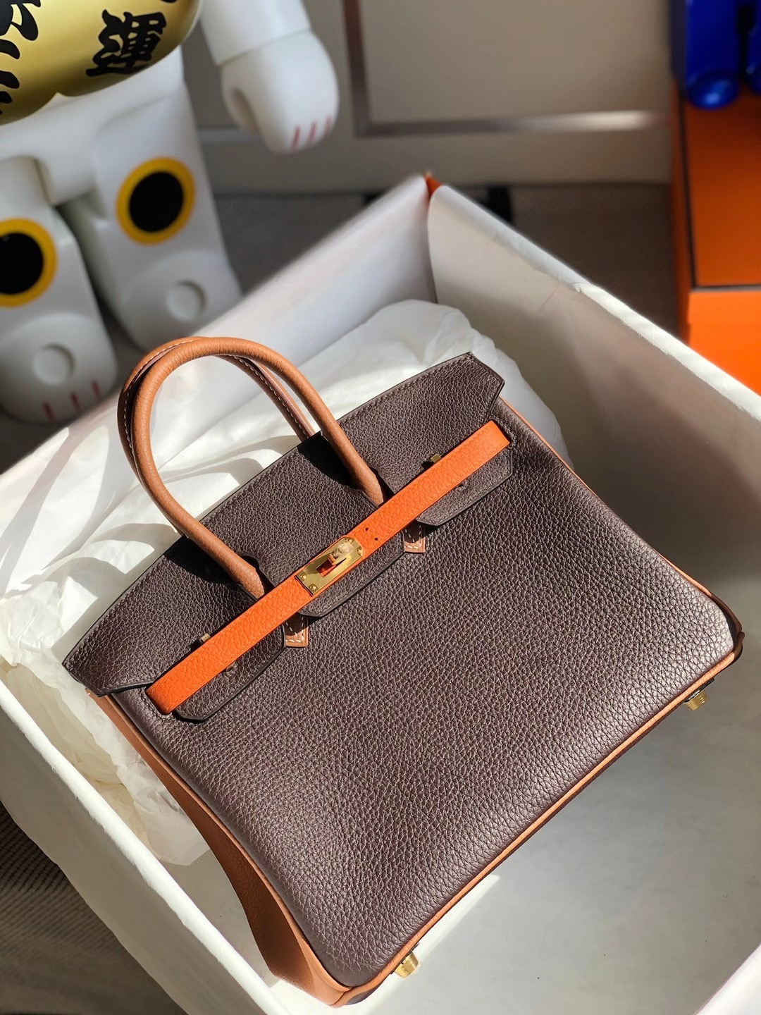 Hermes Birkin 25cm Hss Togo 47 chocolate 巧克力色 拼 37 gold 93 Orange