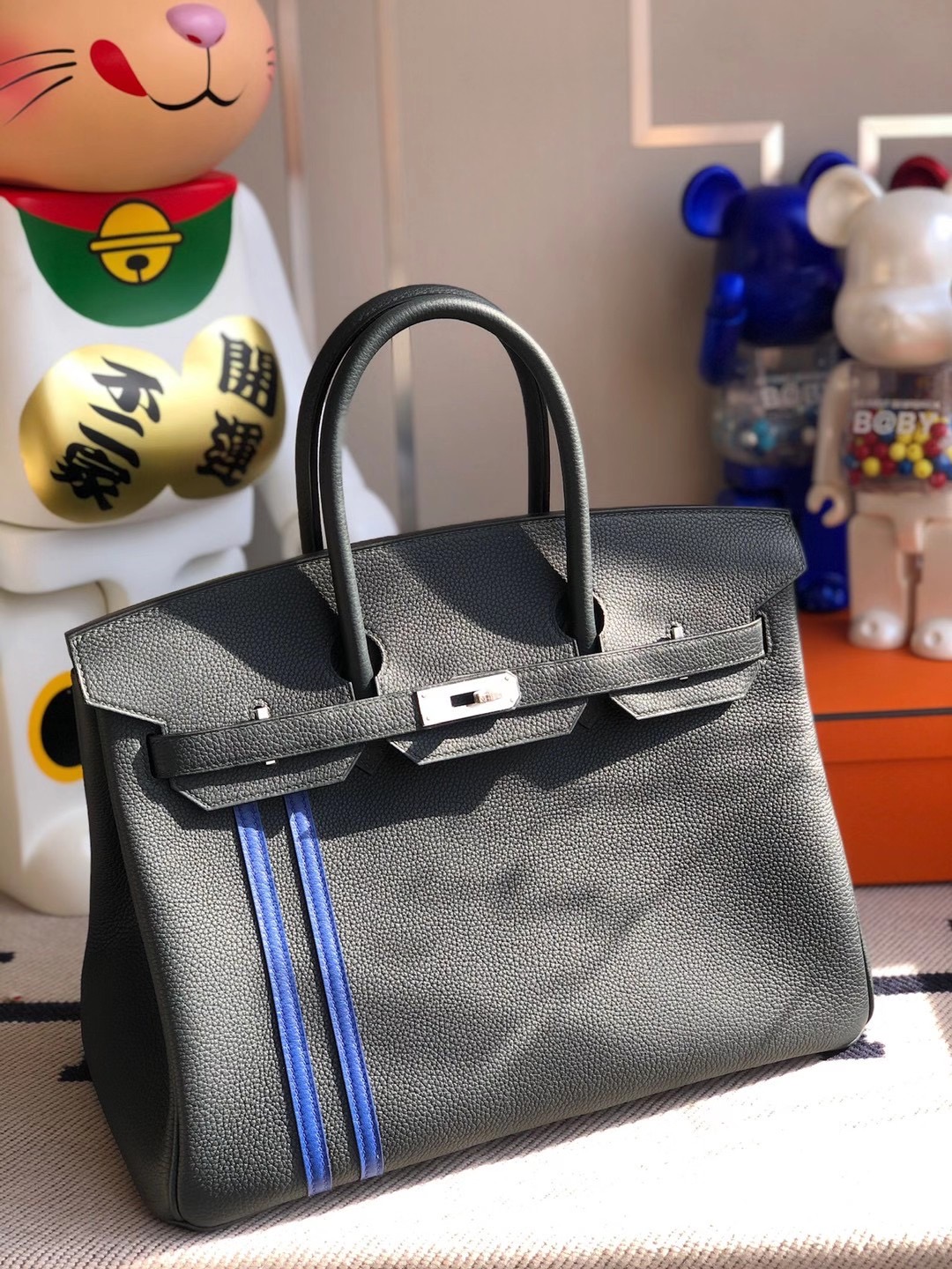 愛馬仕鉑金包 Hermes Birkin 35cm 6O Vert Cypres 松柏綠 雙杠 I7 Blue Zellige 琉璃藍