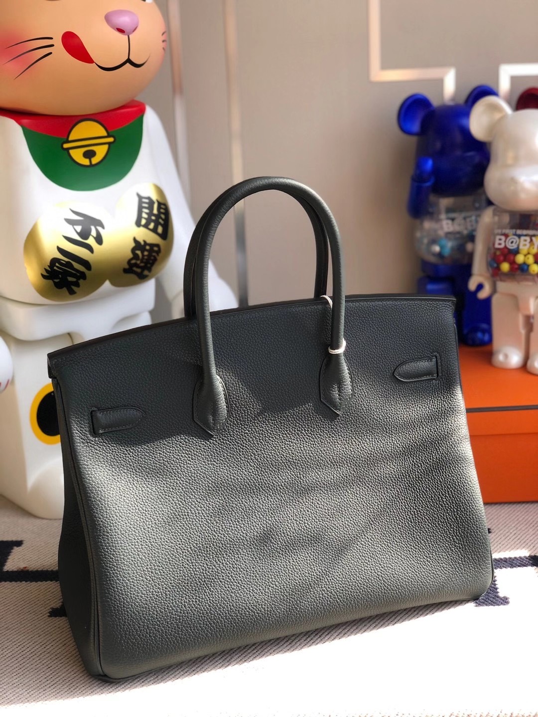 愛馬仕鉑金包 Hermes Birkin 35cm 6O Vert Cypres 松柏綠 雙杠 I7 Blue Zellige 琉璃藍