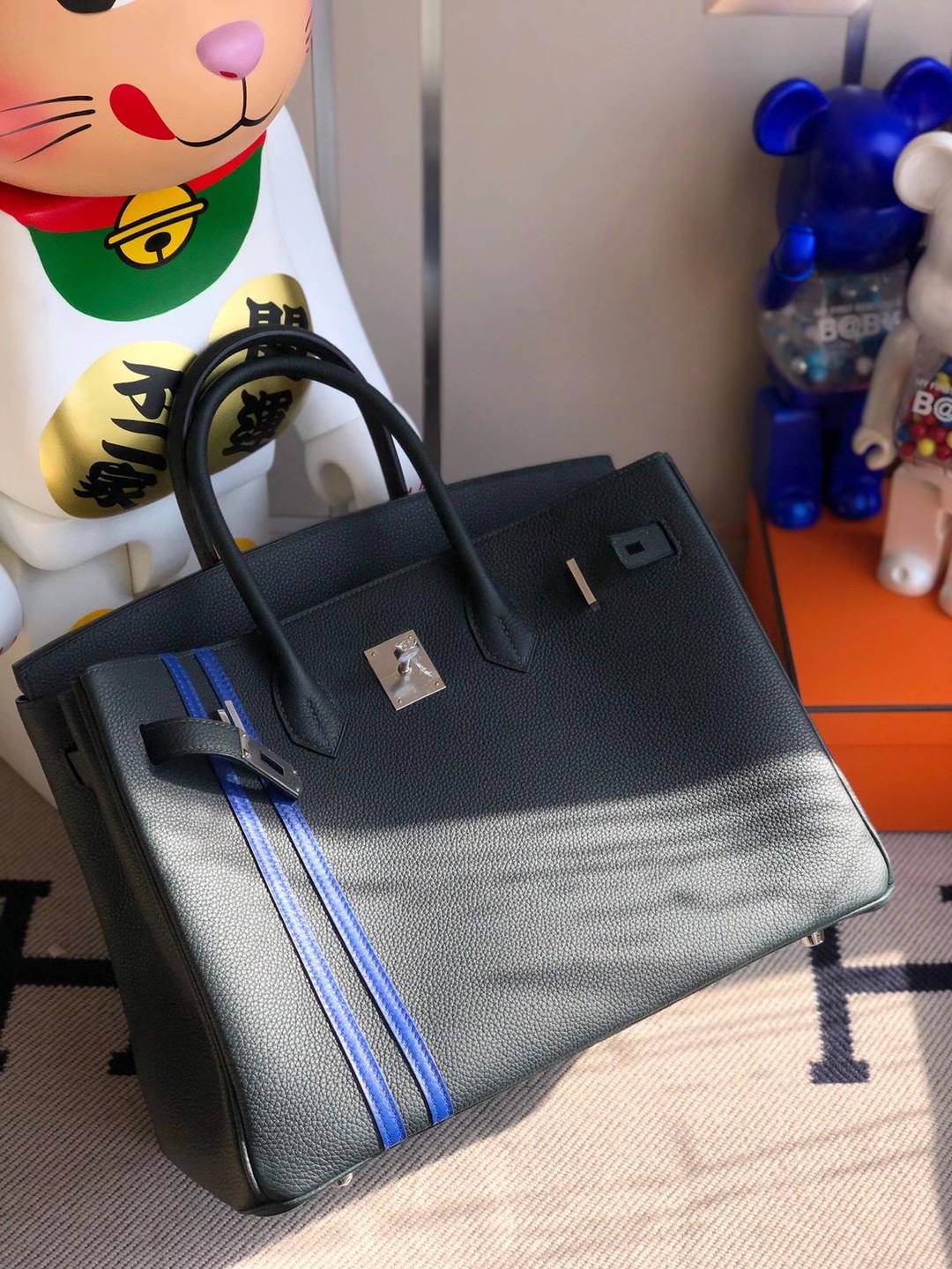 愛馬仕鉑金包 Hermes Birkin 35cm 6O Vert Cypres 松柏綠 雙杠 I7 Blue Zellige 琉璃藍