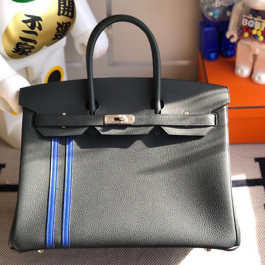 愛馬仕鉑金包 Hermes Birkin 35cm 6O Vert Cypres 松柏綠 雙杠 I7 Blue Zellige 琉璃藍