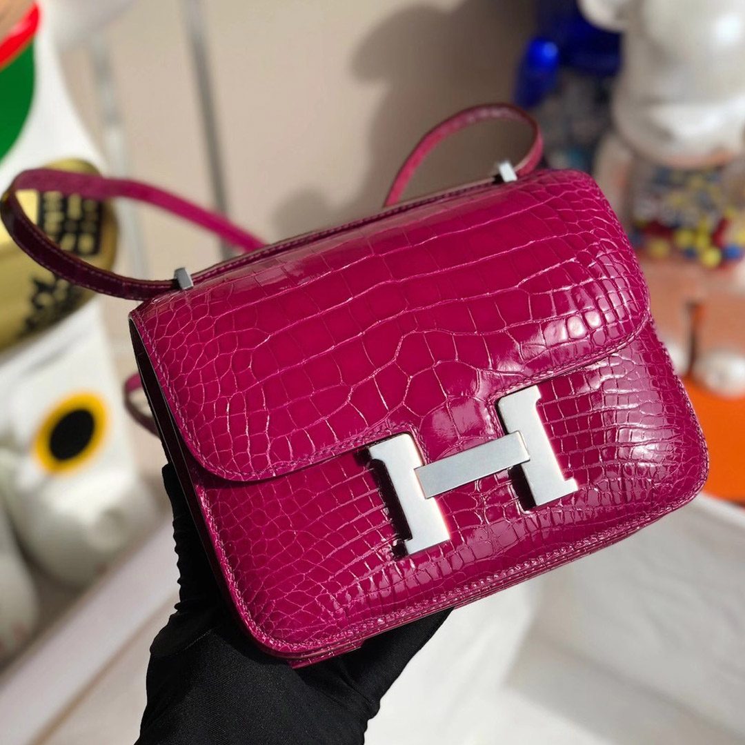 Hermes Constance Mini 19cm J5 Rose sheheraradez 天方夜譚粉紫 亮面方塊 美洲鱷魚