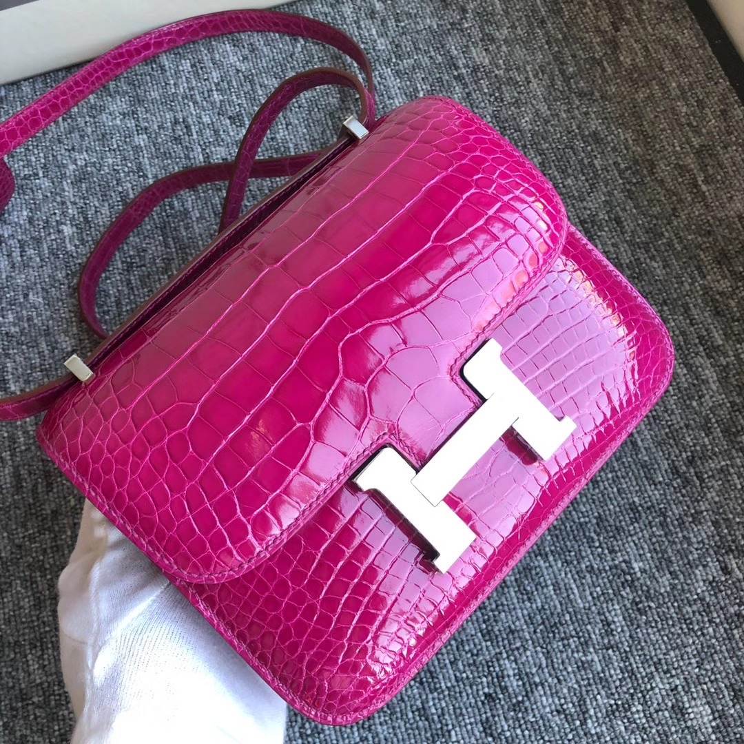 Hermes Constance Mini 19cm J5 Rose sheheraradez 天方夜譚粉紫 亮面方塊 美洲鱷魚