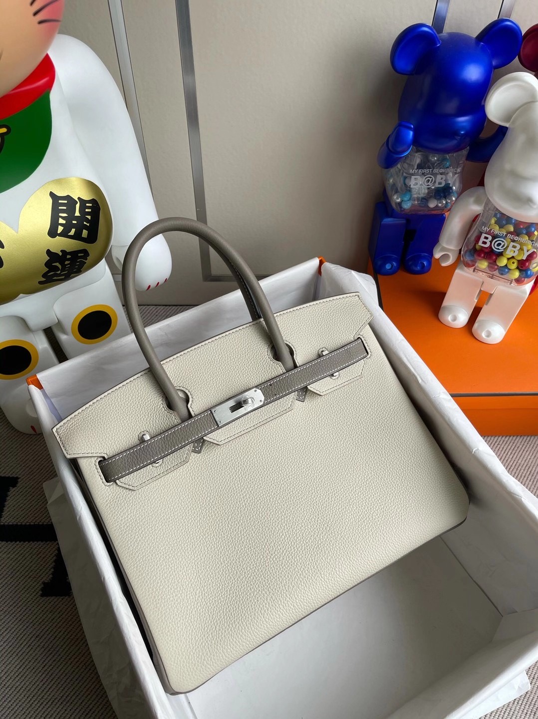 Hermes Birkin 30cm Togo 10 Craie 奶昔白 M8 Griss Asphalte 瀝青灰 拉絲銀扣