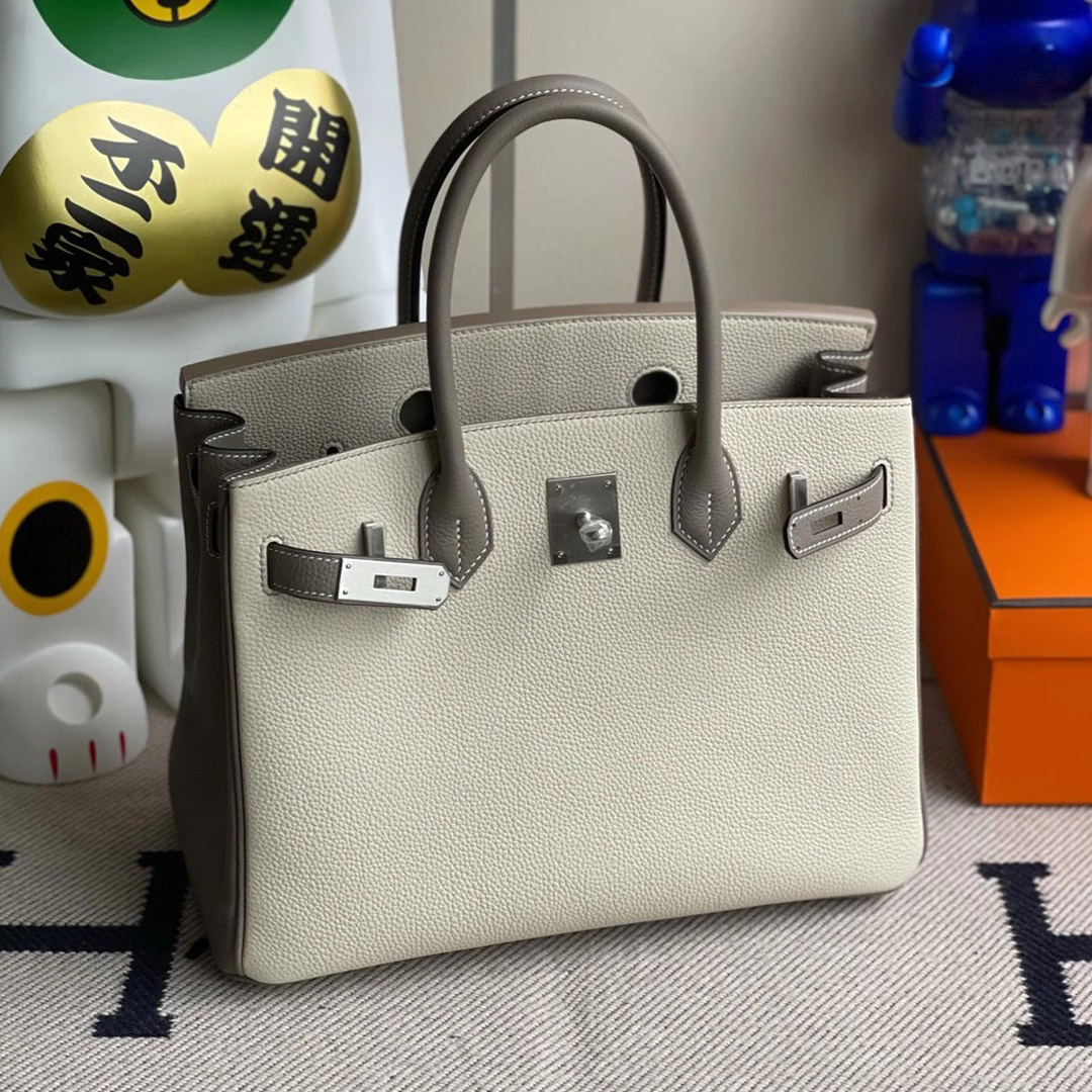 Hermes Birkin 30cm Togo 10 Craie 奶昔白 M8 Griss Asphalte 瀝青灰 拉絲銀扣