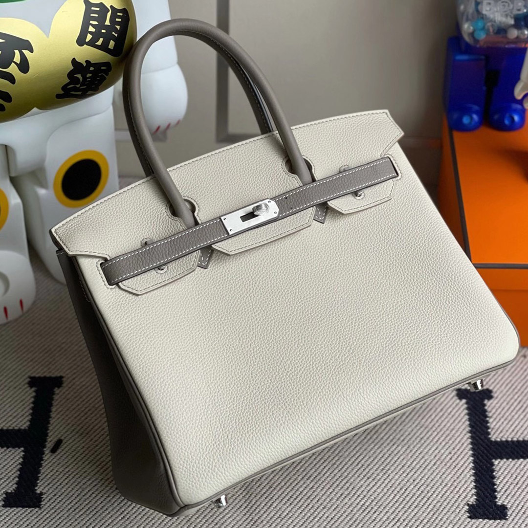 Hermes Birkin 30cm Togo 10 Craie 奶昔白 M8 Griss Asphalte 瀝青灰 拉絲銀扣