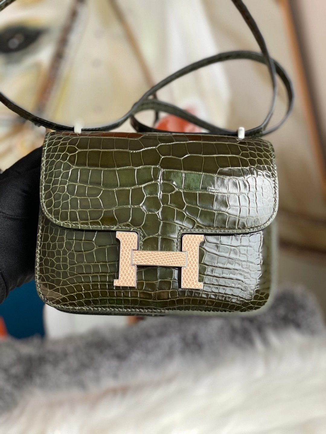 Hermes Constance Mini 亮面美洲鱷魚6H Olive green橄欖綠配蜥蜴扣