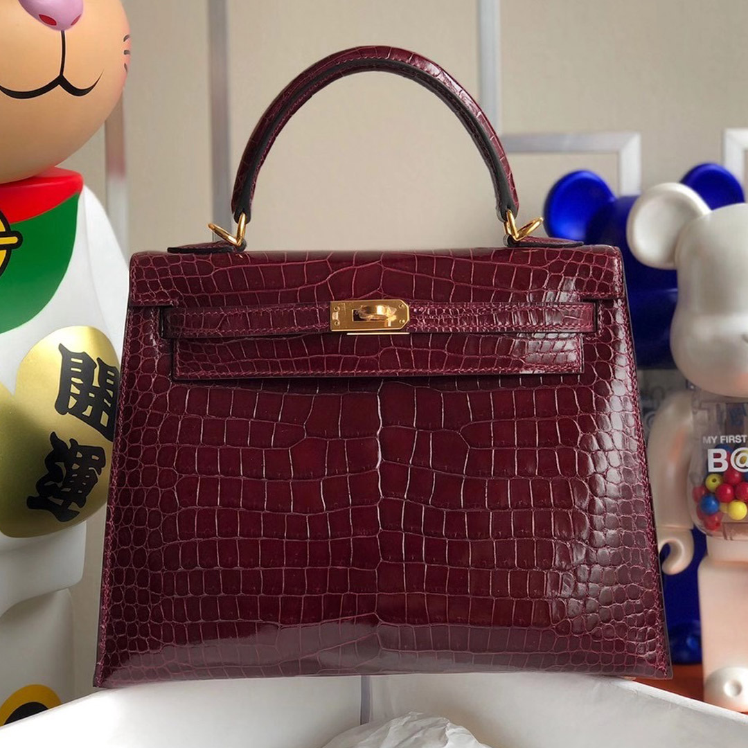 Hermes Kelly 25cm 亮面倒V灣鱷 Porosus Crocodile 57 Bordeaux 波爾多酒紅