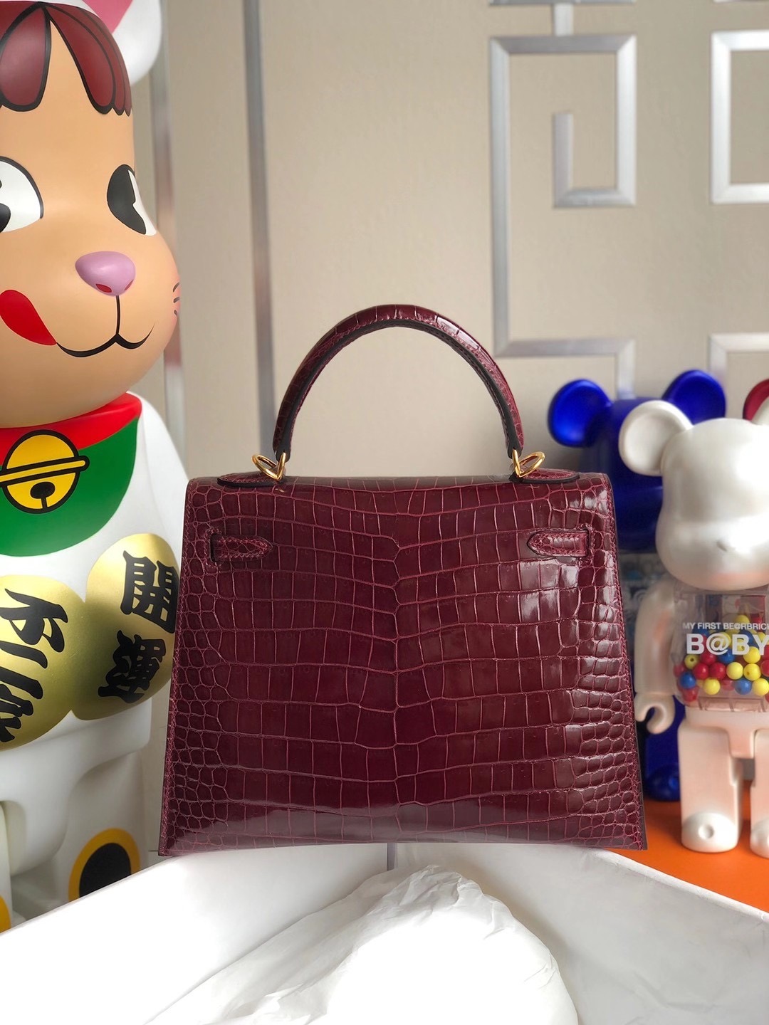 Hermes Kelly 25cm 亮面倒V灣鱷 Porosus Crocodile 57 Bordeaux 波爾多酒紅