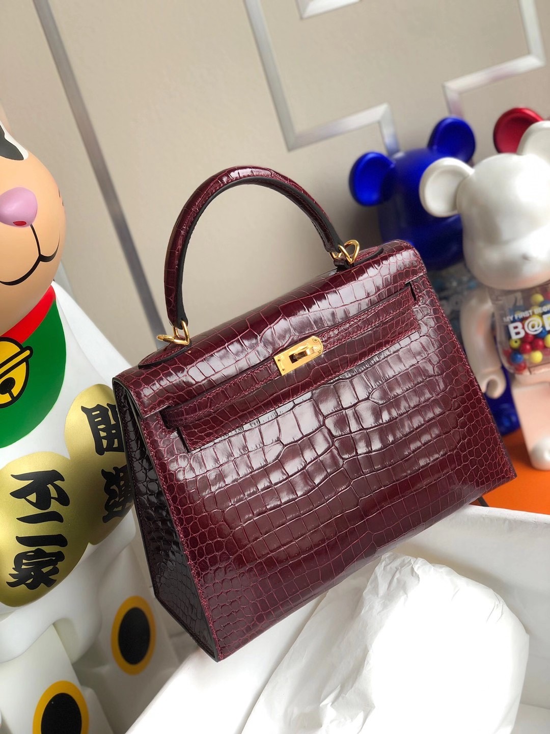 Hermes Kelly 25cm 亮面倒V灣鱷 Porosus Crocodile 57 Bordeaux 波爾多酒紅