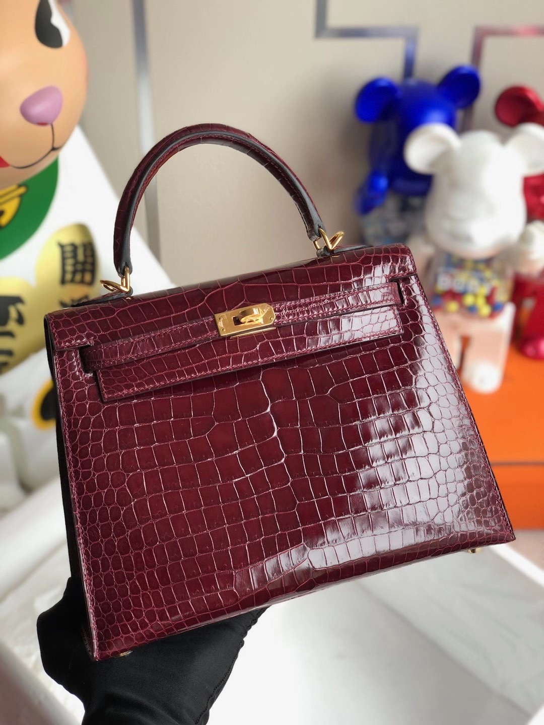 Hermes Kelly 25cm 亮面倒V灣鱷 Porosus Crocodile 57 Bordeaux 波爾多酒紅