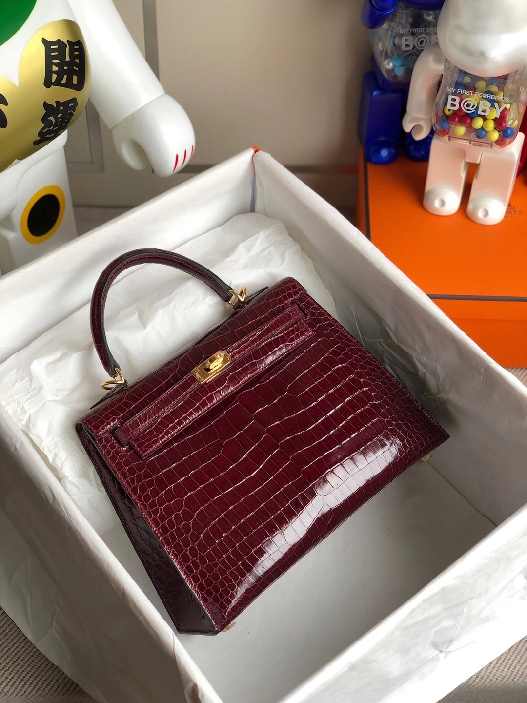 Hermes Kelly 25cm 亮面倒V灣鱷 Porosus Crocodile 57 Bordeaux 波爾多酒紅