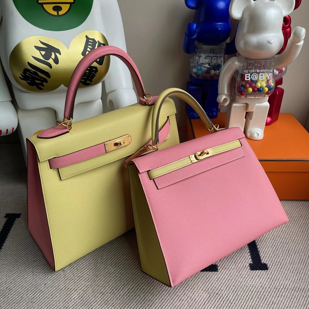 Hong Kong South Hermes Kelly 28cm Hss Epsom 1Z jaune poussin /1Q rose confetti