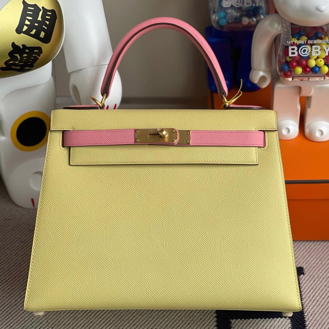 Hong Kong South Hermes Kelly 28cm Hss Epsom 1Z jaune poussin /1Q rose confetti