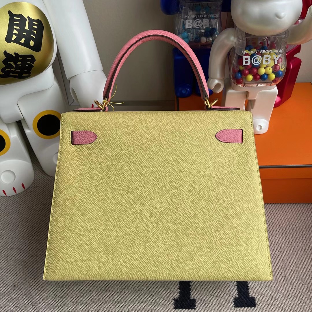 Hong Kong South Hermes Kelly 28cm Hss Epsom 1Z jaune poussin /1Q rose confetti