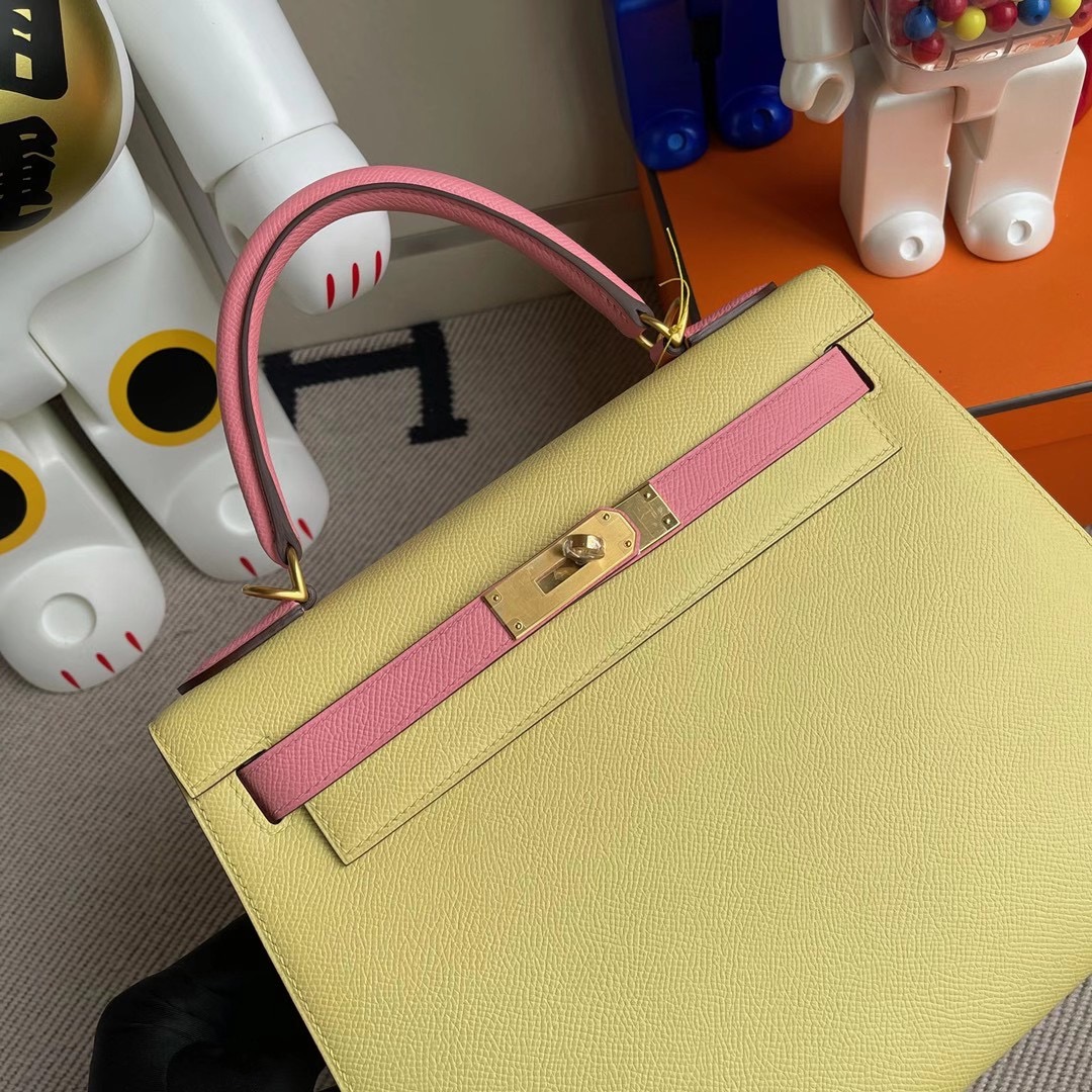 Hong Kong South Hermes Kelly 28cm Hss Epsom 1Z jaune poussin /1Q rose confetti