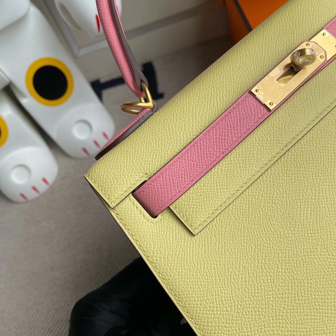 Hong Kong South Hermes Kelly 28cm Hss Epsom 1Z jaune poussin /1Q rose confetti