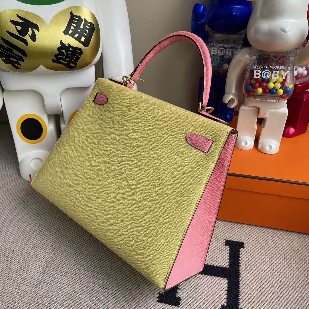 Hong Kong South Hermes Kelly 28cm Hss Epsom 1Z jaune poussin /1Q rose confetti