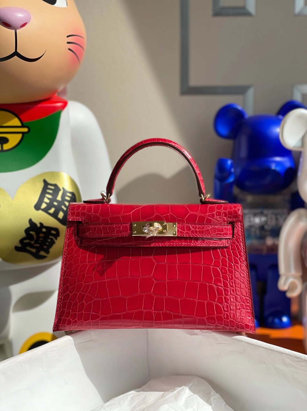 Hong Kong Hermes Kelly Mini 2代 CC95 法拉利紅 Braise 亮面方塊 美洲鱷魚