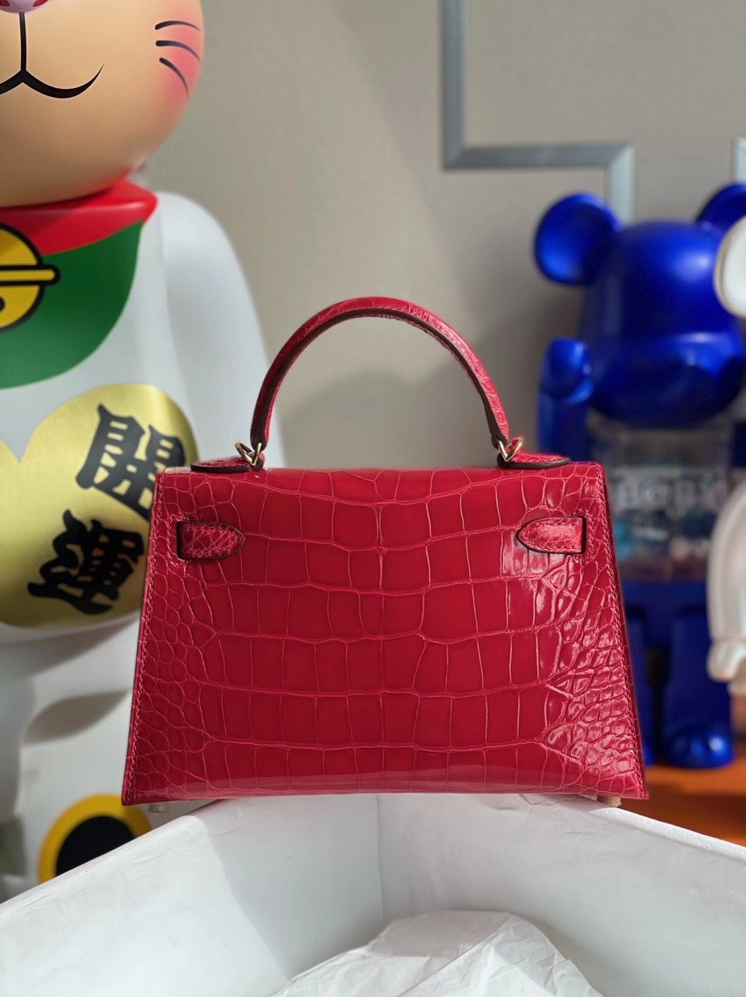 Hong Kong Hermes Kelly Mini 2代 CC95 法拉利紅 Braise 亮面方塊 美洲鱷魚