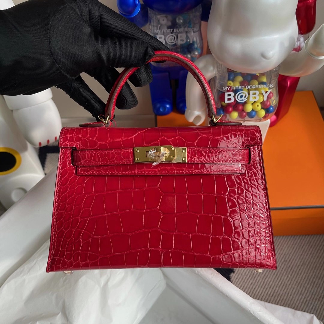 Hong Kong Hermes Kelly Mini 2代 CC95 法拉利紅 Braise 亮面方塊 美洲鱷魚