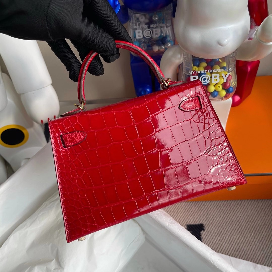 Hong Kong Hermes Kelly Mini 2代 CC95 法拉利紅 Braise 亮面方塊 美洲鱷魚