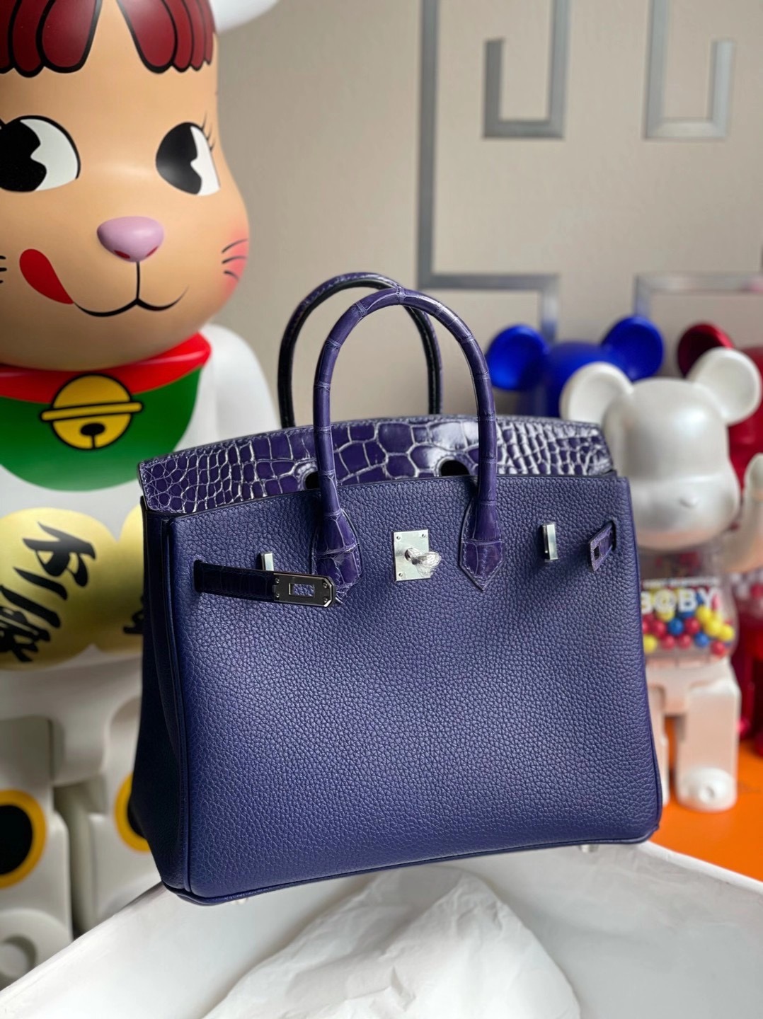 Hermes Birkin 25cm Touch Togo 拼 亮面美洲鱷魚 M3墨水藍 Blue Encre 銀扣