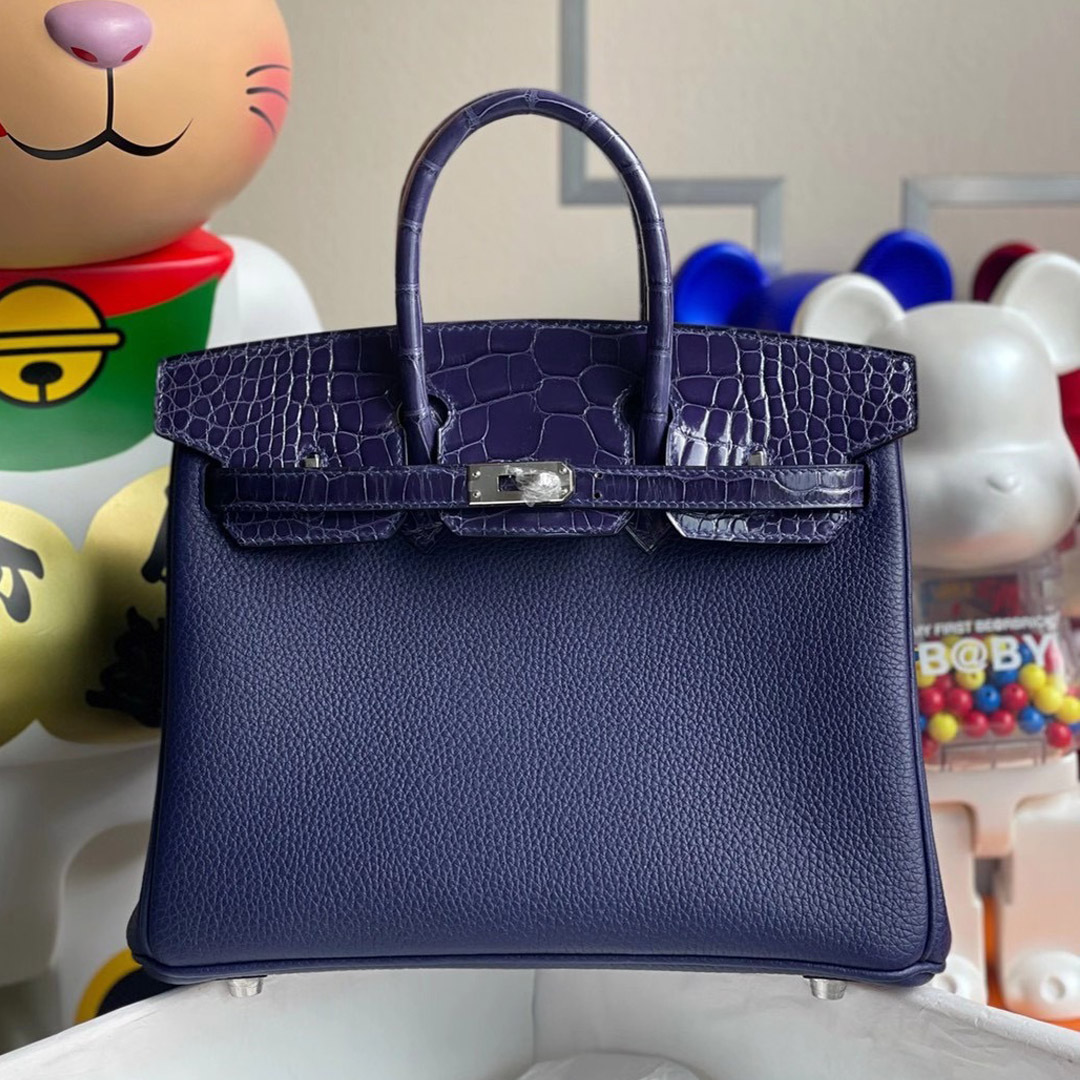 Hermes Birkin 25cm Touch Togo 拼 亮面美洲鱷魚 M3墨水藍 Blue Encre 銀扣