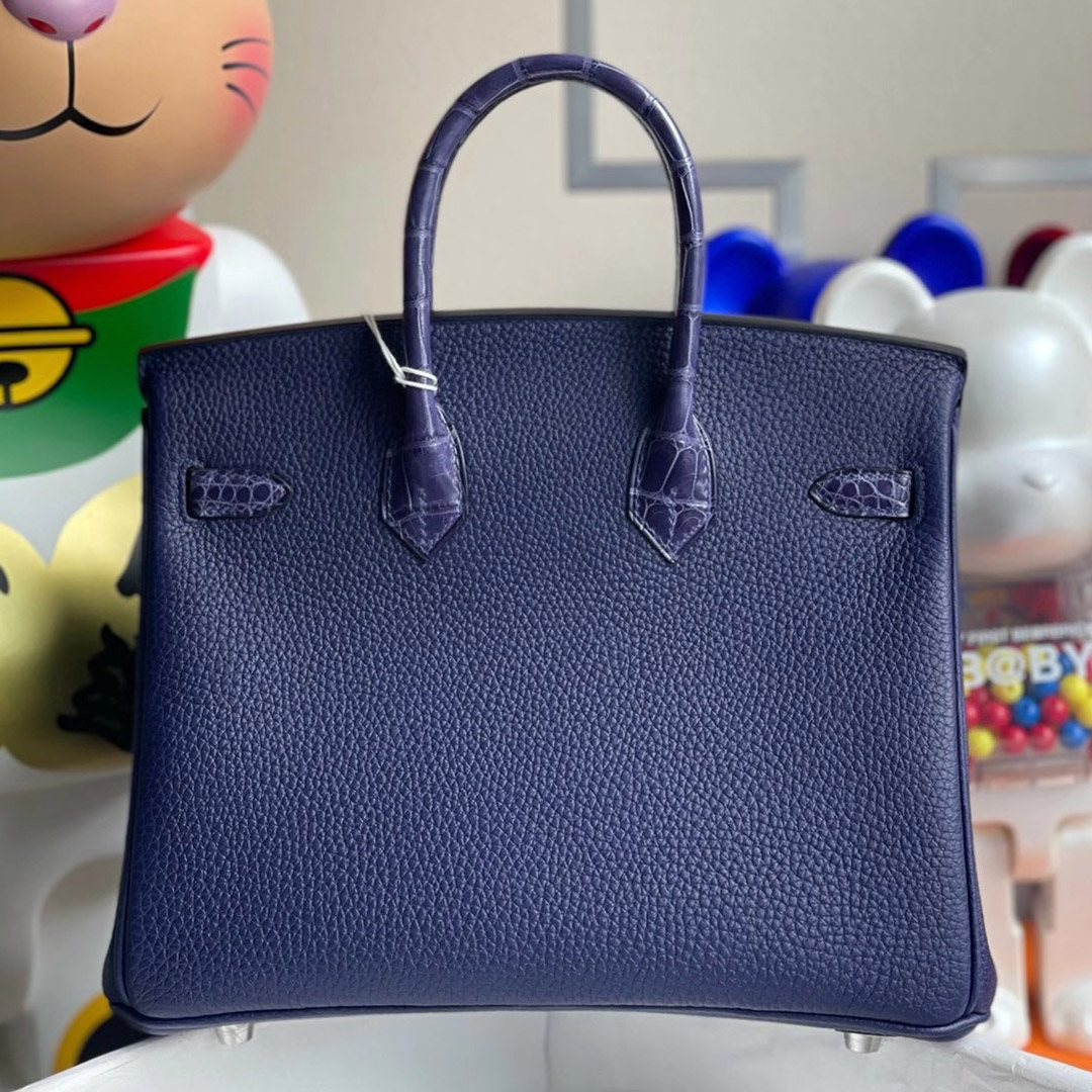 Hermes Birkin 25cm Touch Togo 拼 亮面美洲鱷魚 M3墨水藍 Blue Encre 銀扣