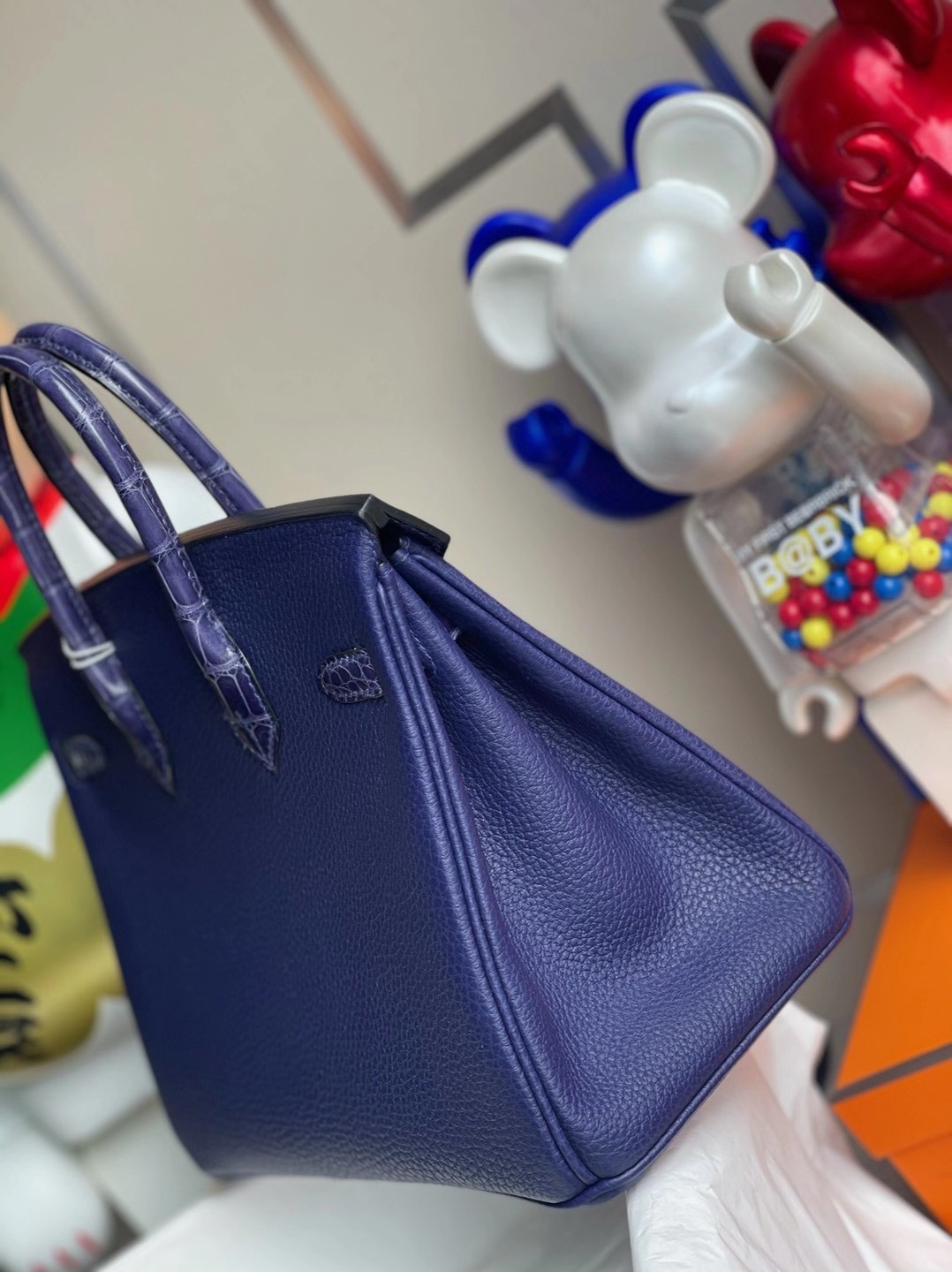 Hermes Birkin 25cm Touch Togo 拼 亮面美洲鱷魚 M3墨水藍 Blue Encre 銀扣