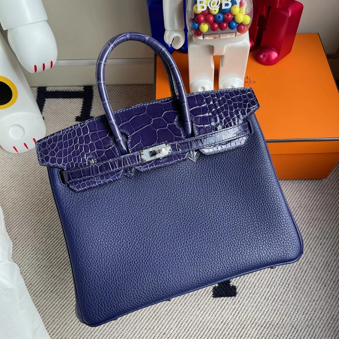 Hermes Birkin 25cm Touch Togo 拼 亮面美洲鱷魚 M3墨水藍 Blue Encre 銀扣