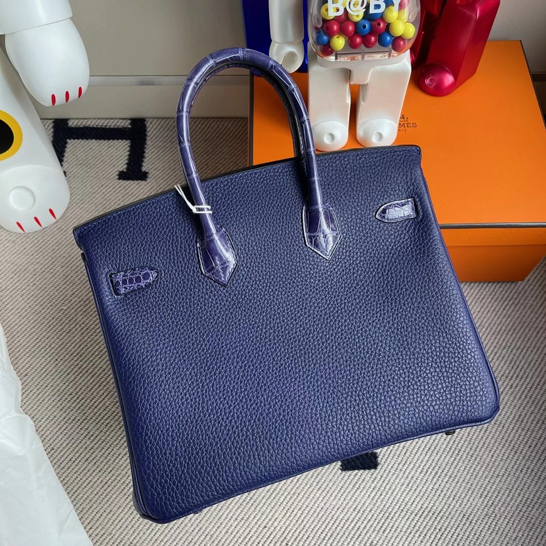 Hermes Birkin 25cm Touch Togo 拼 亮面美洲鱷魚 M3墨水藍 Blue Encre 銀扣