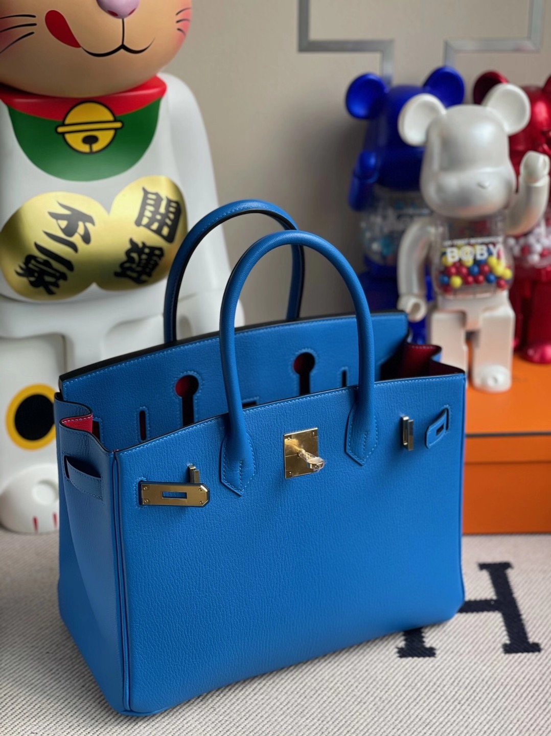 Hong Kong Hermes Birkin 30cm Chevre 7T Blue Electric 電光藍 內拼 Q5 Rose casaque