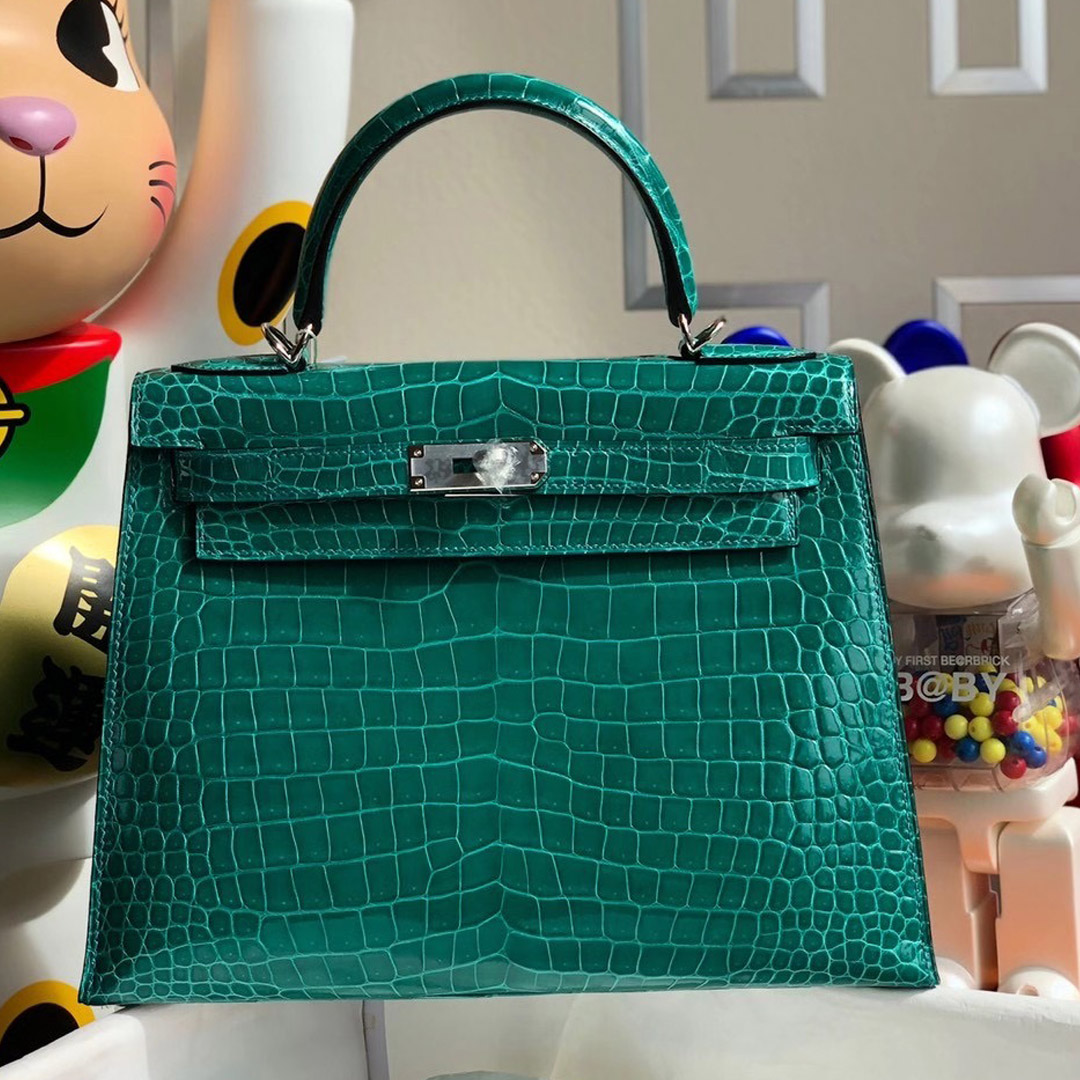 Hermes Kelly 28cm 倒V 澳洲灣鱷 Shiny Porosus Crocodile O6 帝王綠 Vert Jade 銀扣