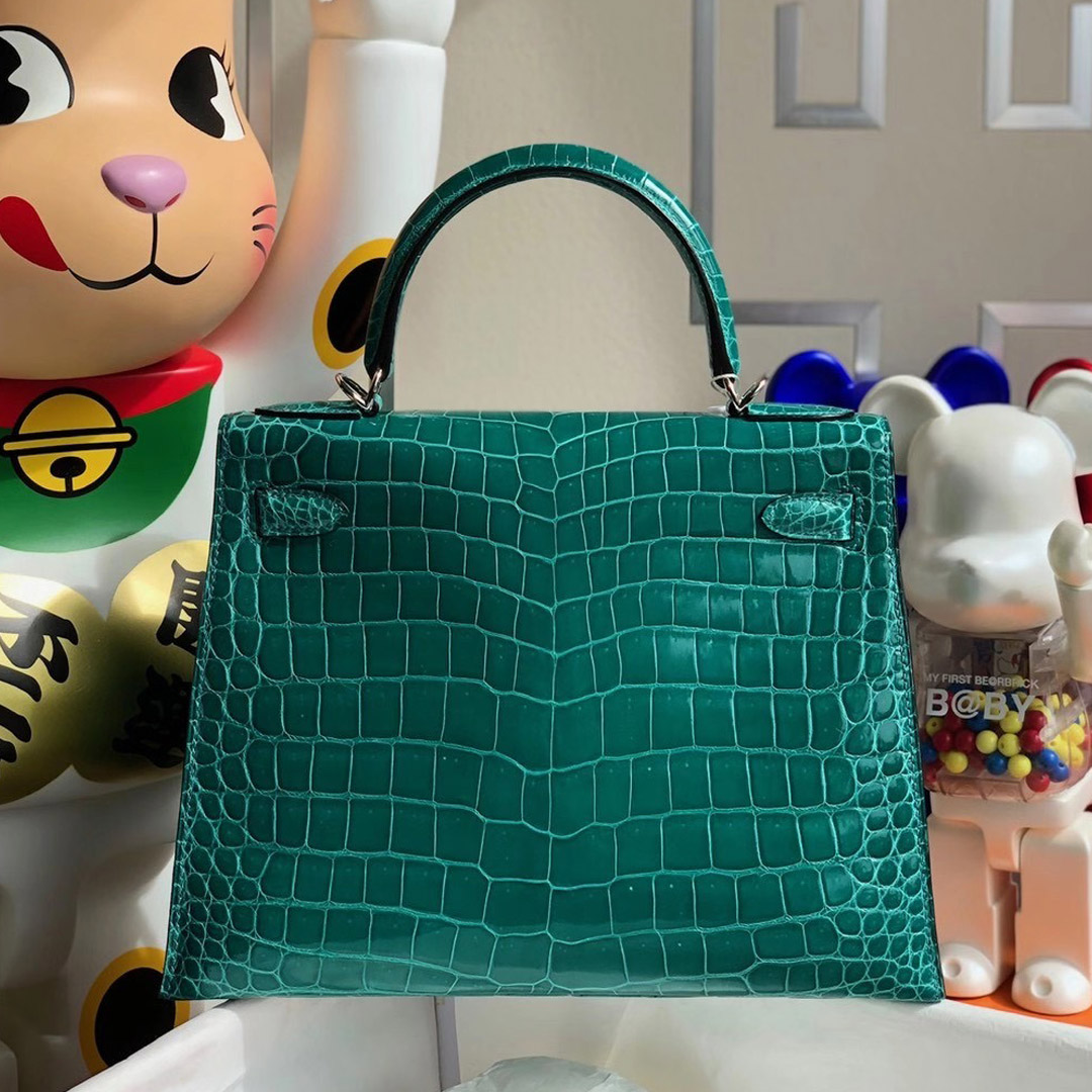 Hermes Kelly 28cm 倒V 澳洲灣鱷 Shiny Porosus Crocodile O6 帝王綠 Vert Jade 銀扣